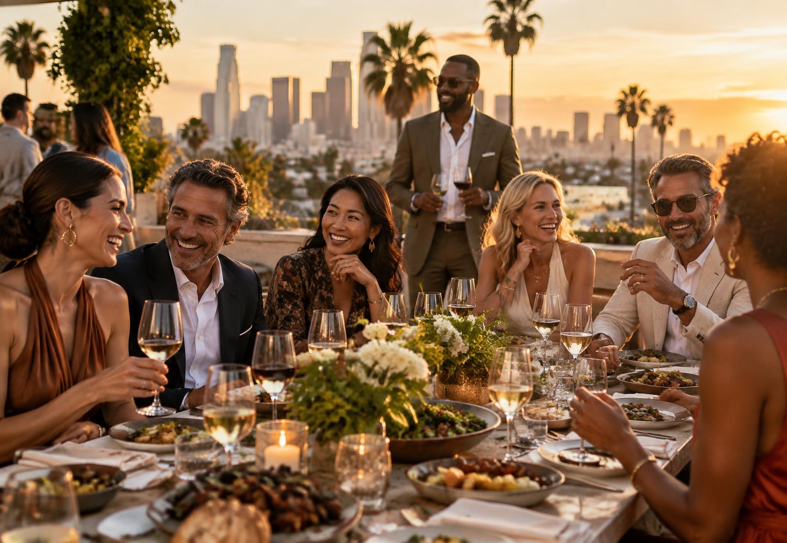 Diverse adults sharing a rooftop dinner with a city skyline behind them